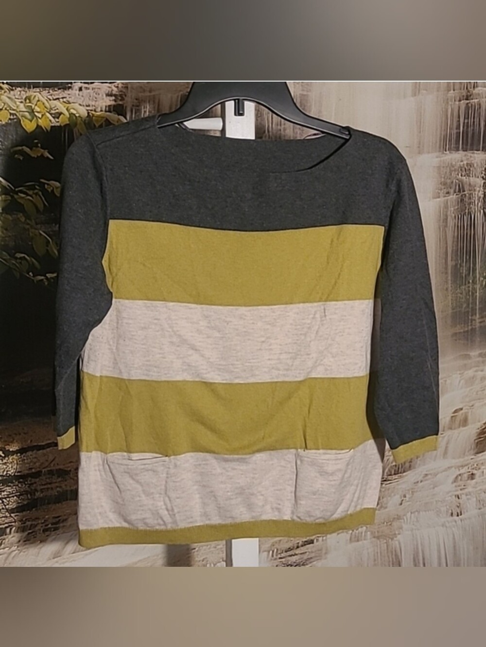 ANA Womens petite large lime green gray super soft sweater with front pockets